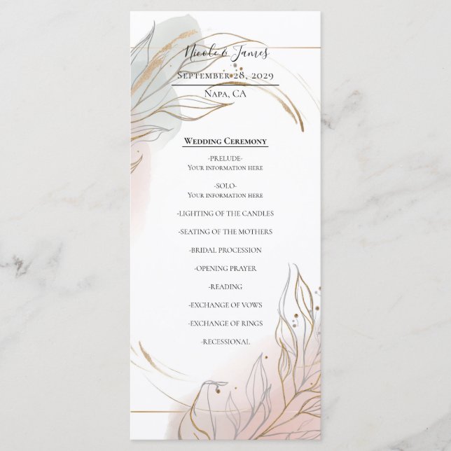 Gilded Gold Sage & Blush Botanical Wedding Program Menu (Front)