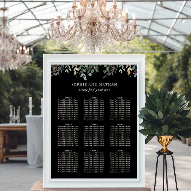 Gilded Greenery Black | Christmas Wedding Poster (An elegant seating chart on black for your Christmas holiday wedding)