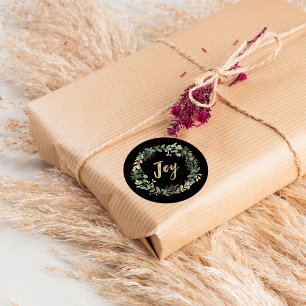 Gilded Greenery Black   Gold Christmas Joy Classic Round Sticker