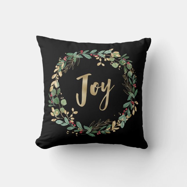 Gilded Greenery Black | Gold Christmas Joy Cushion (Front)