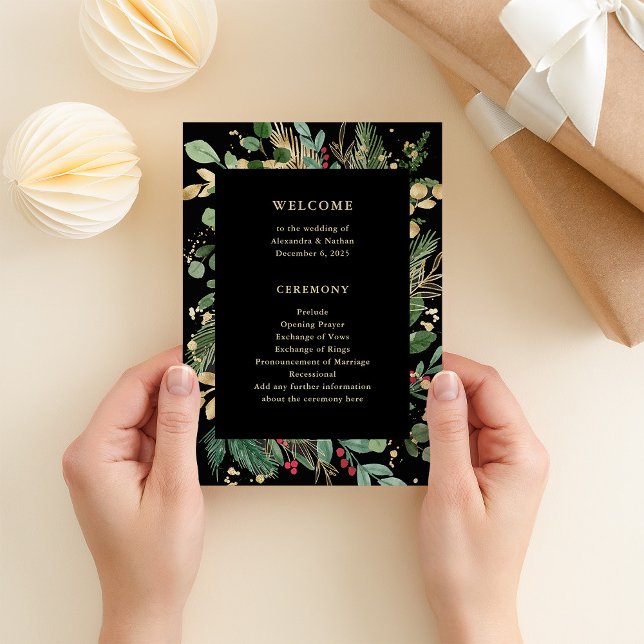 Gilded Greenery Black | Holiday Wedding Programme (An elegant, dark black program with gold accents for your Christmas holiday wedding)