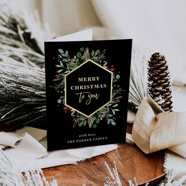 Gilded Greenery Black | Merry Christmas Gold Foil Holiday Card (Creator Uploaded)