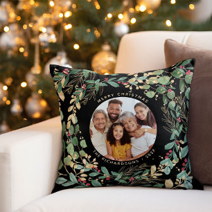 Gilded Greenery Black   Merry Christmas with Photo Cushion