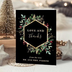 Gilded Greenery Black Photo Christmas Wedding Thank You Card