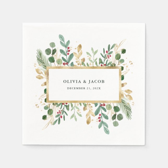 Gilded Greenery | Christmas Holiday Wedding Napkin (Front)
