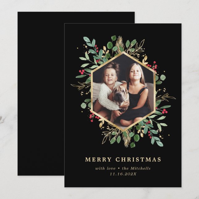 Gilded Greenery Geometric on Black Christmas Photo Holiday Card (Front/Back)