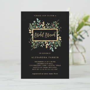 Gilded Greenery on Black   Christmas Bridal Brunch Invitation