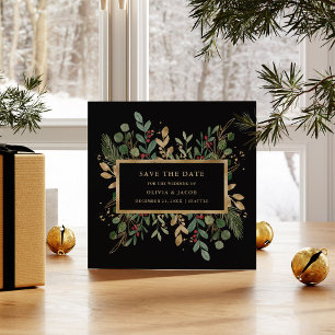 Gilded Greenery on Black   Christmas Holiday Photo Save The Date
