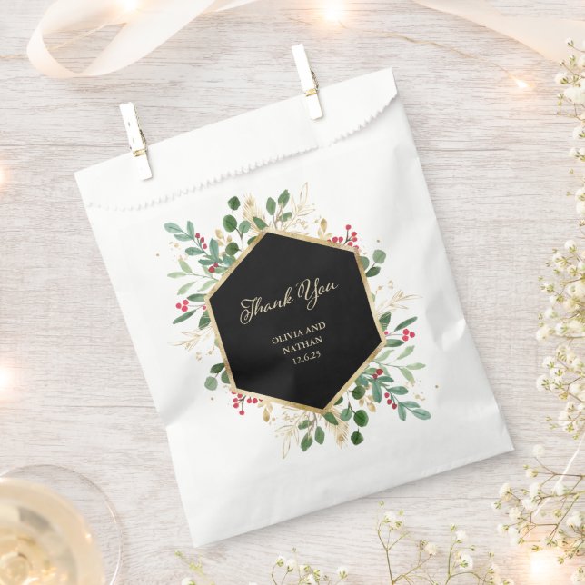 Gilded Greenery on Black | Christmas Wedding Favour Bags (Clipped)