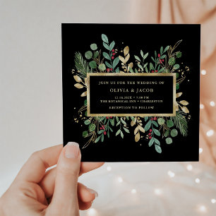 Gilded Greenery on Black   Christmas Wedding Invitation