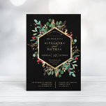 Gilded Greenery on Black | Christmas Wedding Invitation<br><div class="desc">This gorgeous holiday wedding invitation features a faux gold geometric frame with matching gold leaves,  Christmas greenery,  and red holly berries on a modern black background. Perfect for your elegant winter wedding.</div>