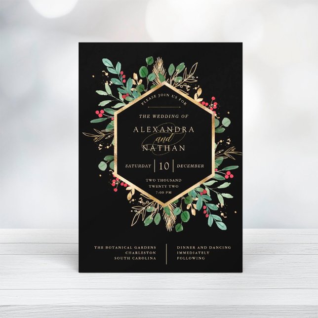 Gilded Greenery on Black | Christmas Wedding Invitation (This black Christmas wedding invitation is a stunner!)