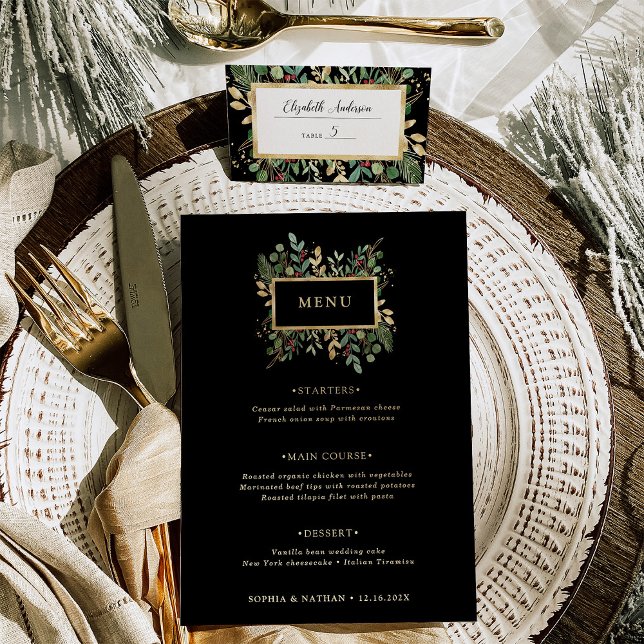Gilded Greenery on Black | Christmas Wedding Menu (A glamorous holiday wedding menu in dark black with elegant gold accents)