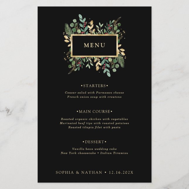 Gilded Greenery on Black | Christmas Wedding Menu (Front)