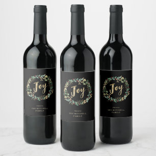 Gilded Greenery on Black   Joy Wine Label