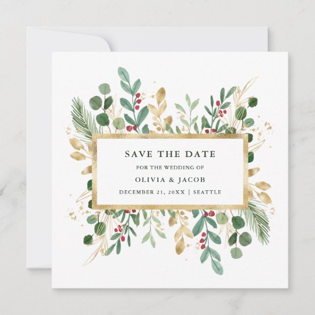 Gilded Greenery on White | Christmas Holiday Photo Save The Date (Front)