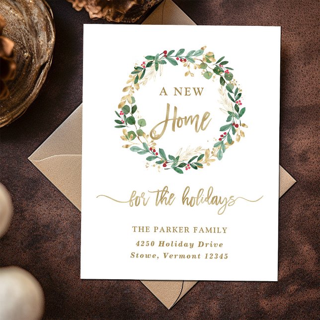Gilded Greenery on White | Christmas New Home Holiday Postcard (A new home at Christmas holiday postcard)