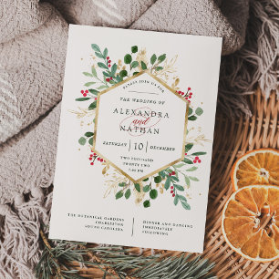 Gilded Greenery on White Christmas Wedding Invitation