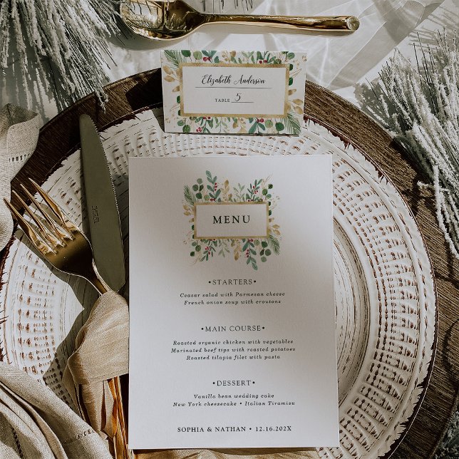 Gilded Greenery on White | Christmas Wedding Menu (An elegant, holiday wedding menu card on a white background with gold accents)