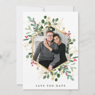 Gilded Greenery on White Geometric Photo Holiday Save The Date