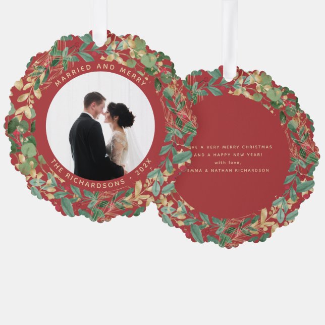Gilded Greenery Red | Married and Merry Photo Tree Decoration Card (Front/Back)