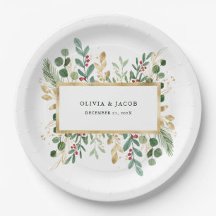Gilded Greenery White   Christmas Holiday Paper Plate