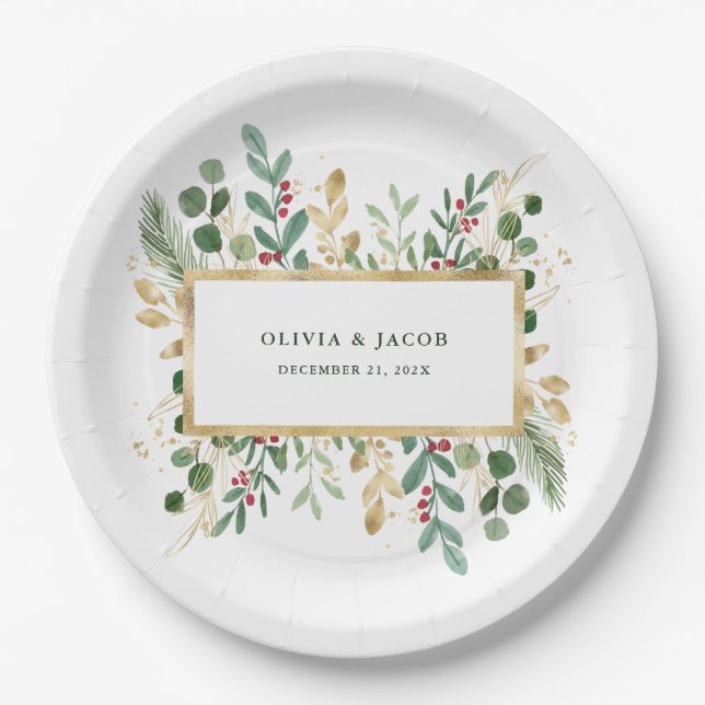 Gilded Greenery White | Christmas Holiday Paper Plate (Front)