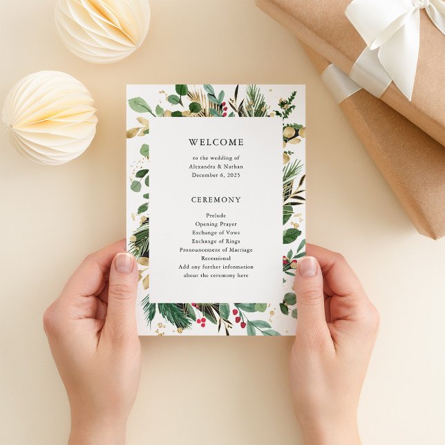 Gilded Greenery White | Holiday Wedding Programme (An elegant program for your Christmas holiday wedding, in white with gold accents)
