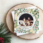 Gilded Greenery White | Multi Photo Christmas Tri-Fold Holiday Card<br><div class="desc">The cover of this gorgeous tri-fold multi-photo holiday card features a lush, festive wreath of gold leaves, Christmas greenery, and red holly berries on a modern white background. Your personal family photo goes in the centre along with a "Merry Christmas" greeting and your names. Including the inside, there is room...</div>