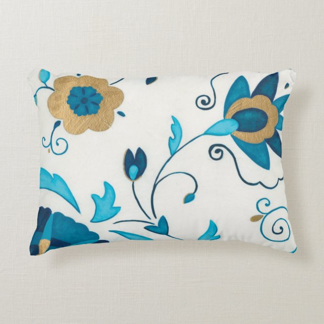 Gilded Indigo Flowers with White Background Decorative Cushion (Front)