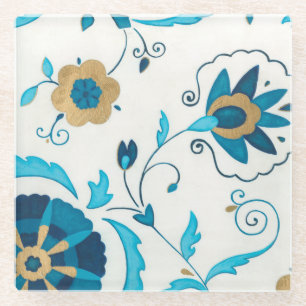 Gilded Indigo Flowers with White Background Glass Coaster