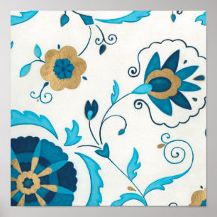 Gilded Indigo Flowers with White Background Poster