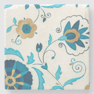 Gilded Indigo Flowers with White Background Stone Coaster