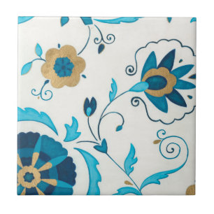 Gilded Indigo Flowers with White Background Tile