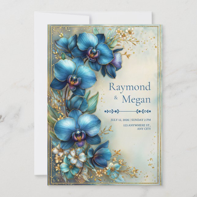 Gilded Indigo Orchid Stardust Wedding Invitation (Front)