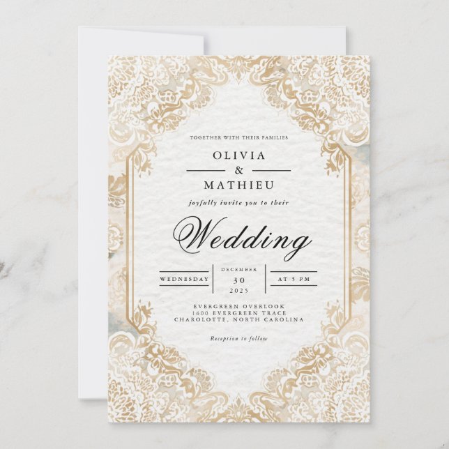 Gilded Lace Romance Flourish Wedding Invitation (Front)