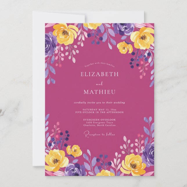 Gilded Magenta Yellow Painted Wedding Invitation (Front)
