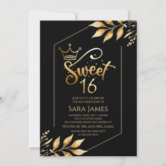 Gilded Majesty Black & Gold Sweet 16 Invitation