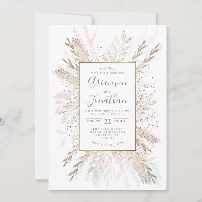 Gilded Meadow gold blush pinks. Invitation (Front)