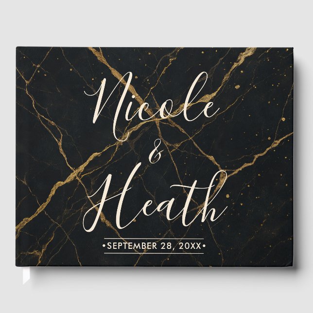 Gilded Midnight Marble Black & Gold Wedding  Guest Book (Front)
