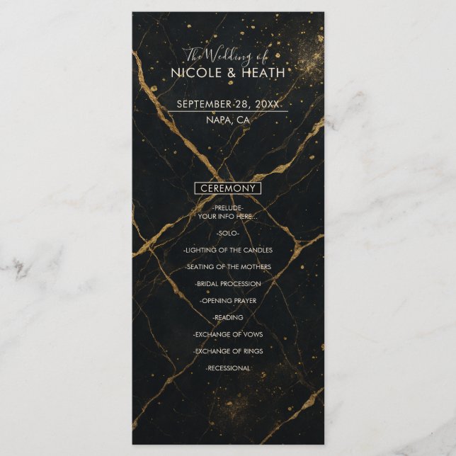Gilded Midnight Marble Black & Gold Wedding Menu (Front)