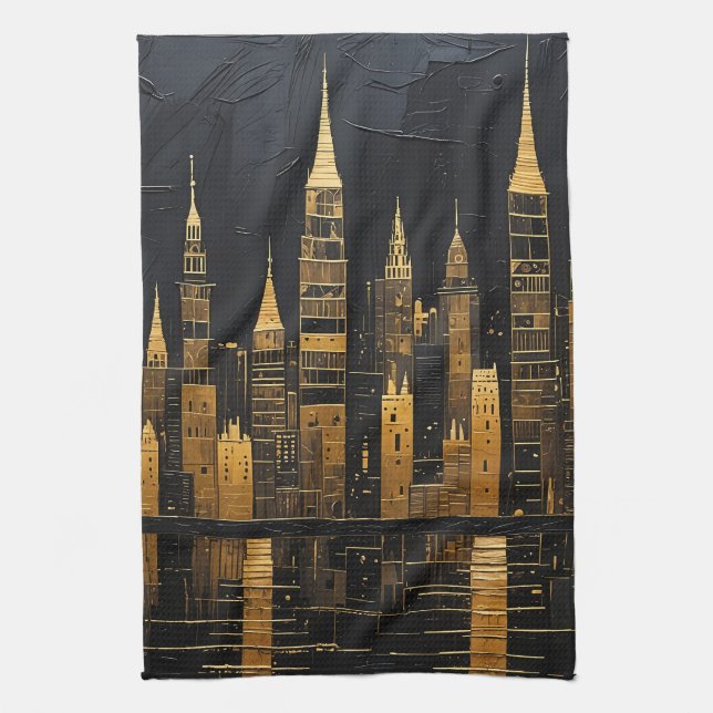 Gilded Midnight Skyline Tea Towel (Vertical)