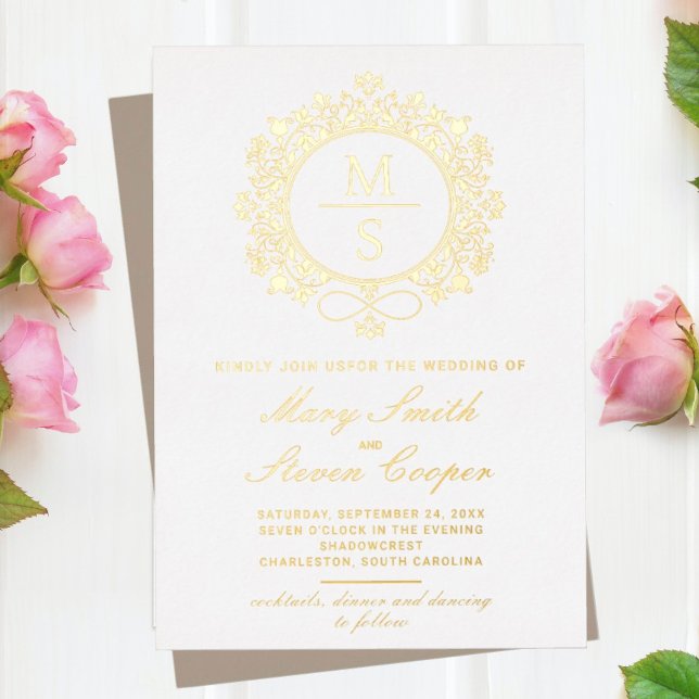 Gilded Monogram Wedding Invitations (I wish you happiness!)