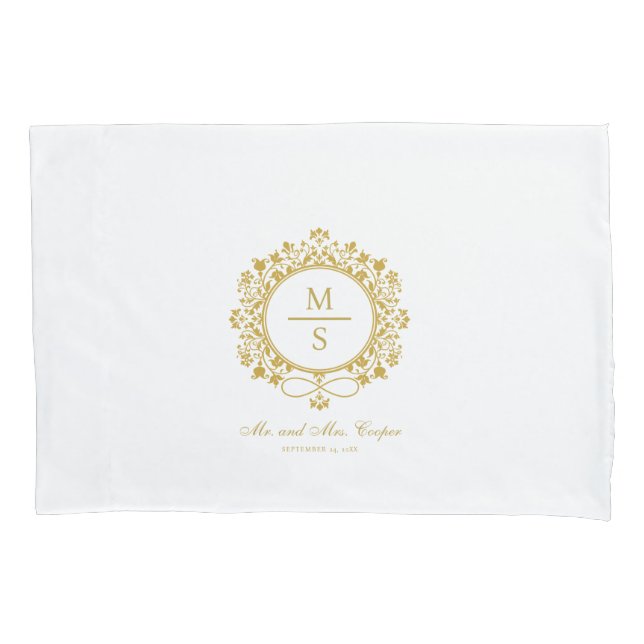 Gilded Monogram Wedding White and gold Pillowcase (Front)