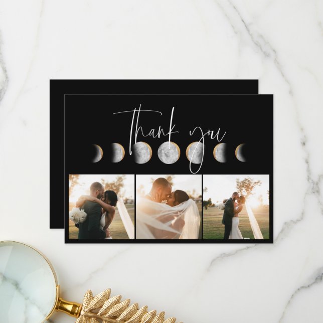 Gilded Moon Phase Wedding Photo Thank You Card (Front/Back In Situ)