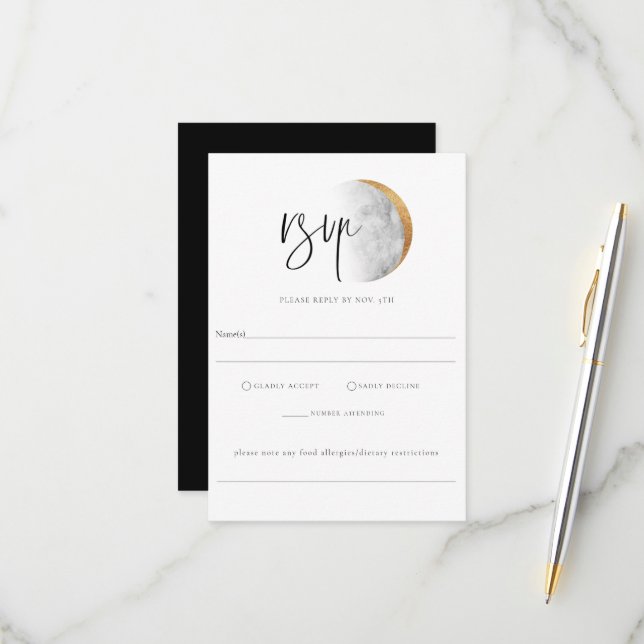 Gilded Moon Wedding RSVP Allergy Note Card (Front/Back In Situ)