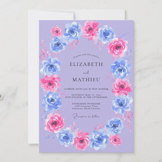 Gilded Periwinkle Magenta Bloom Wedding Invitation (Front)