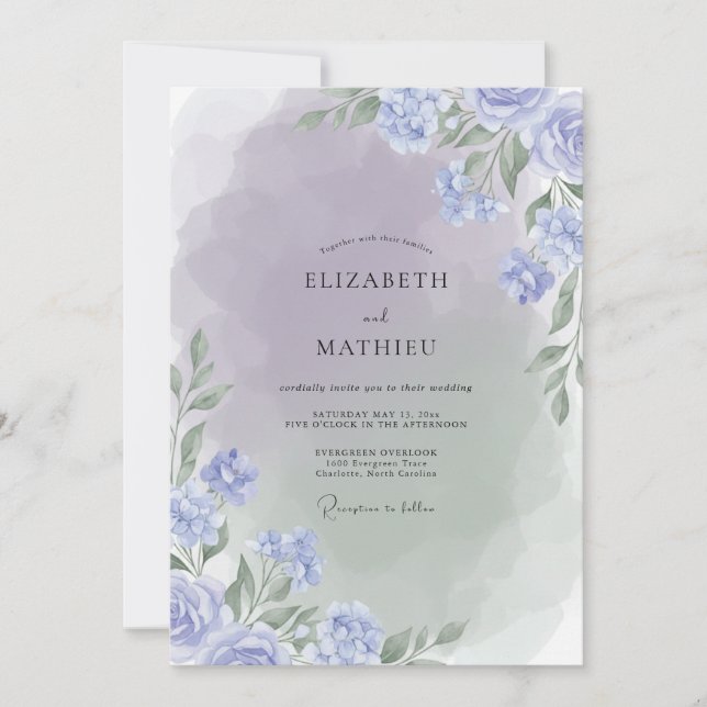 Gilded Periwinkle Painted Foliage Wedding Invitation (Front)