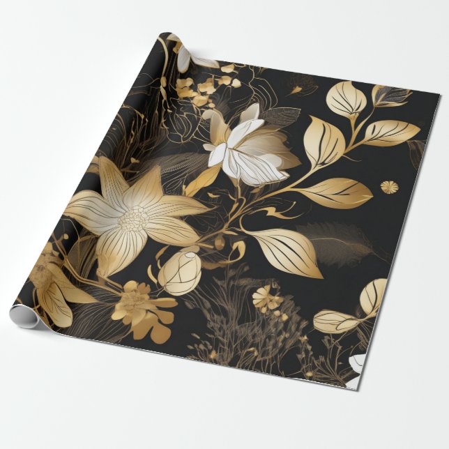 Gilded Petals: Floral Black & Gold Wrapping Paper (Unrolled)