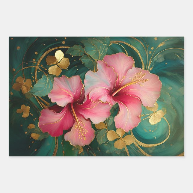 Gilded Pink Hibiscus, Coconut Grove Wrapping Paper Sheet (Front 2)